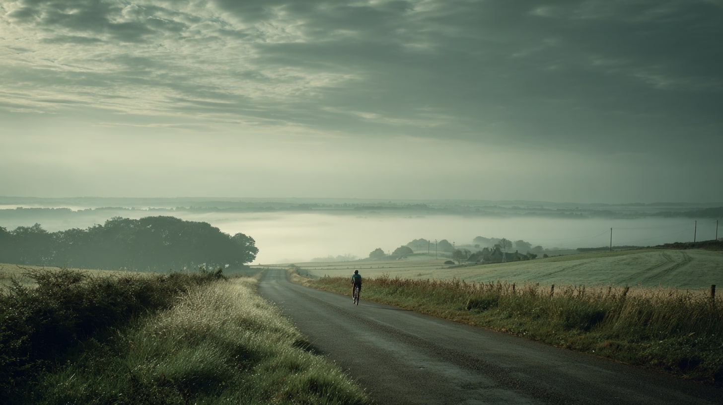 Balades à vélo en Bretagne sur routes vallonnées et brume matinale des vallées